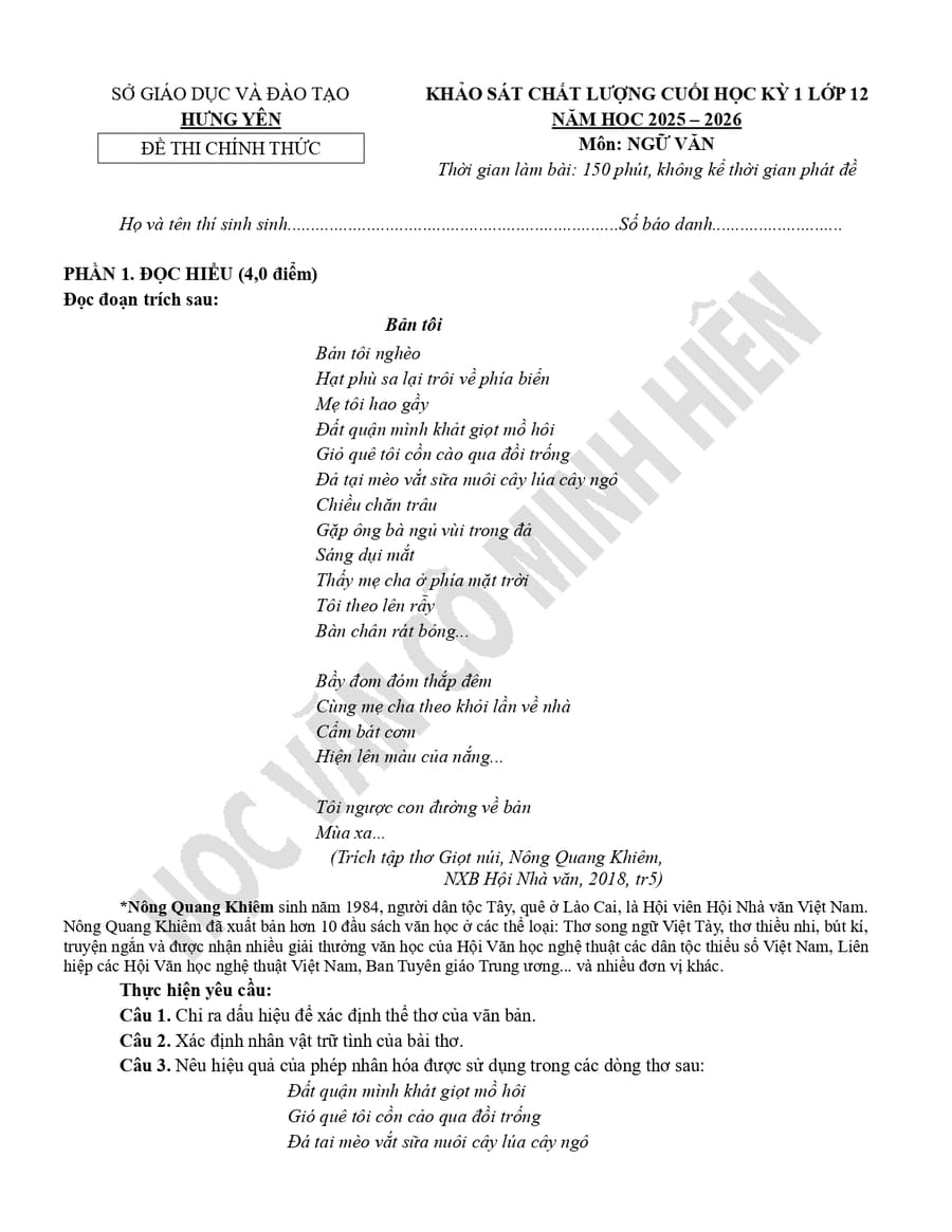 Đề thi văn lớp 12 HK1 Hưng Yên 2026