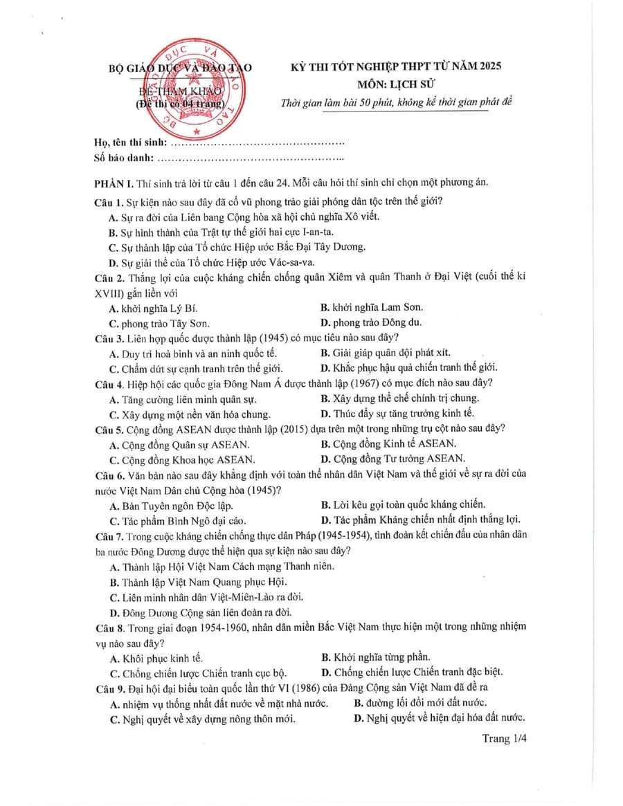 Đề minh hoạ môn lịch sử thpt quốc gia 2025
