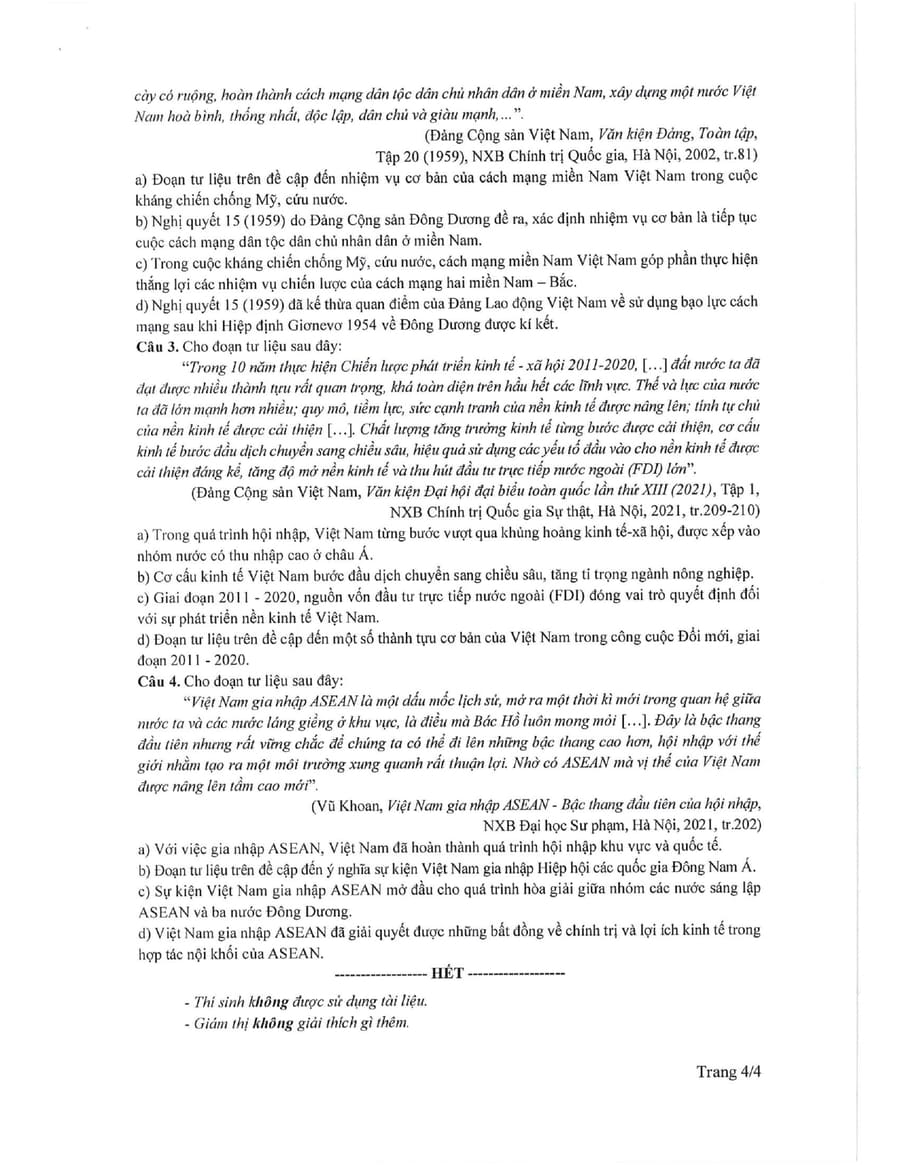 Đề minh hoạ môn lịch sử thpt quốc gia 2025 4