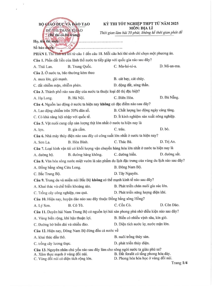 Đề minh hoạ môn địa lí thpt quốc gia 2025