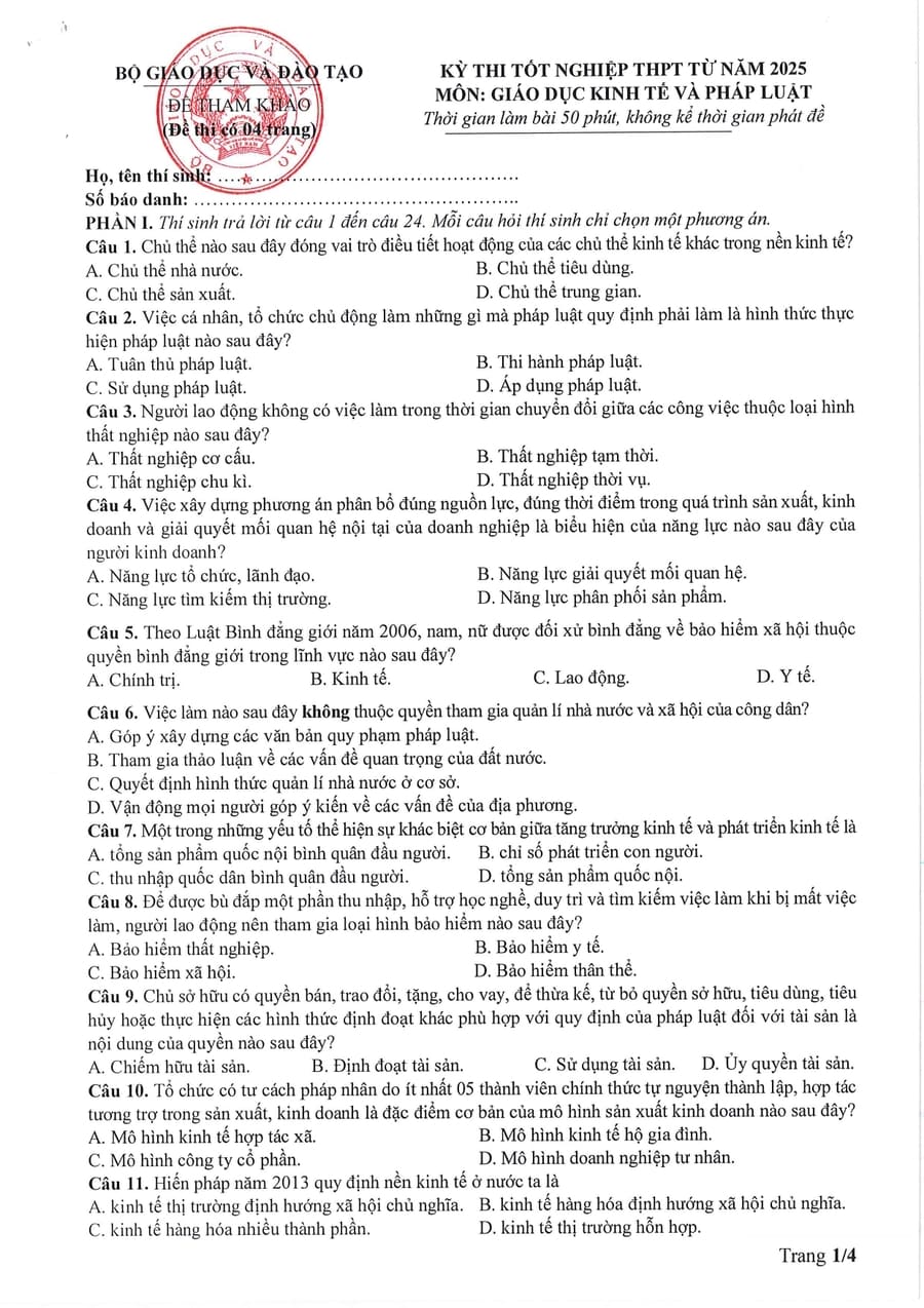 Đề minh hoạ môn kinh tế pháp luật thpt quốc gia 2025