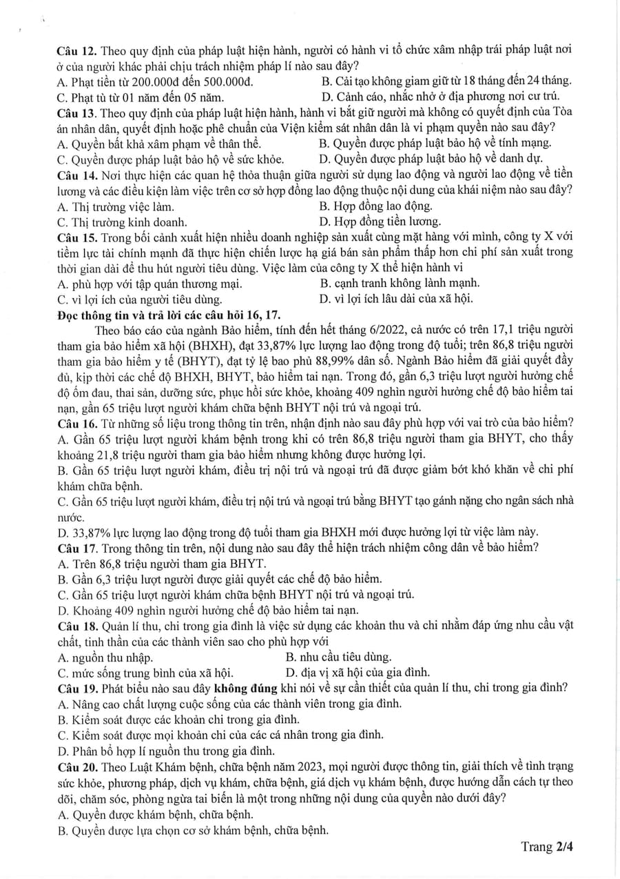 Đề minh hoạ môn kinh tế pháp luật thpt quốc gia 2025 2