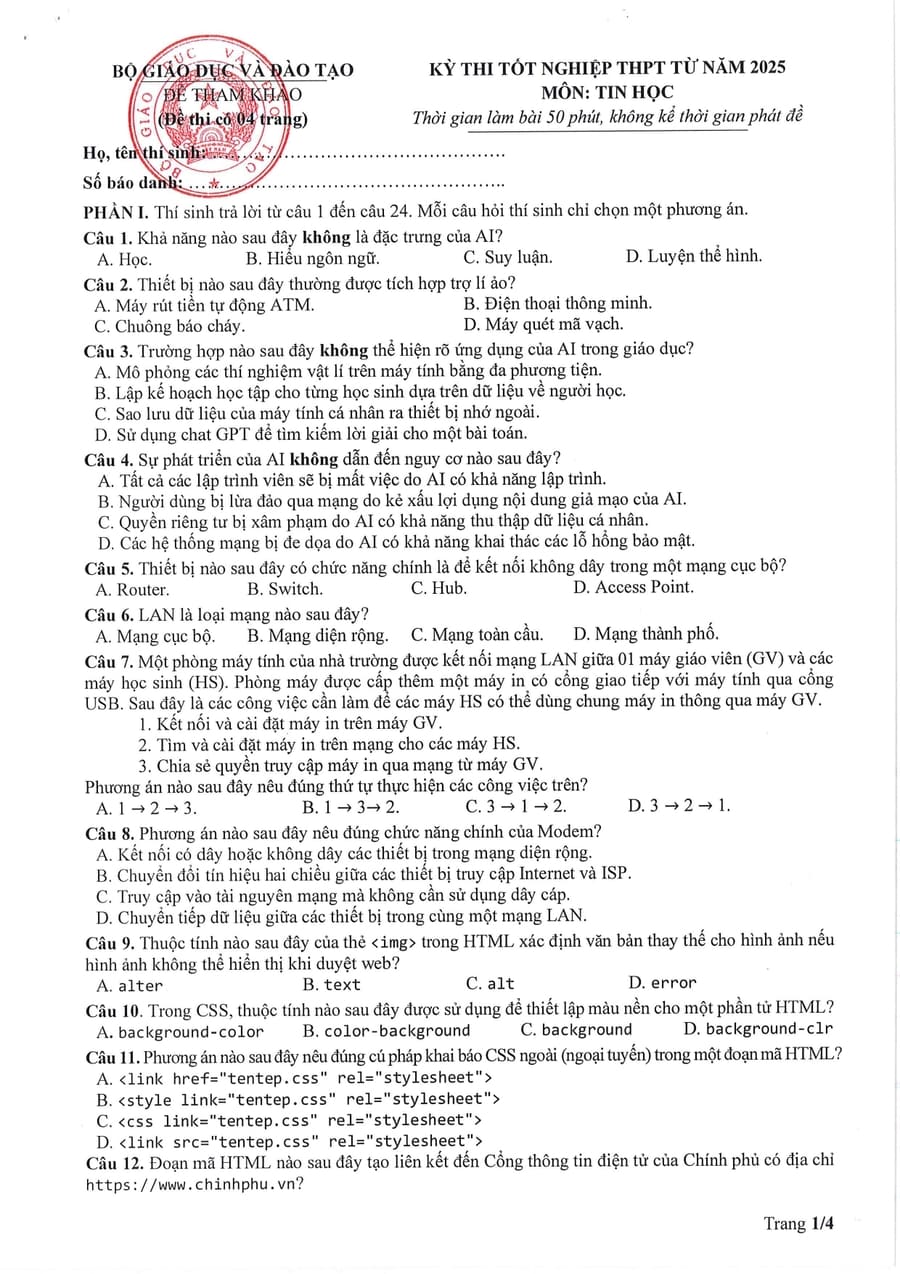 Đề minh hoạ môn tin học thpt quốc gia 2025