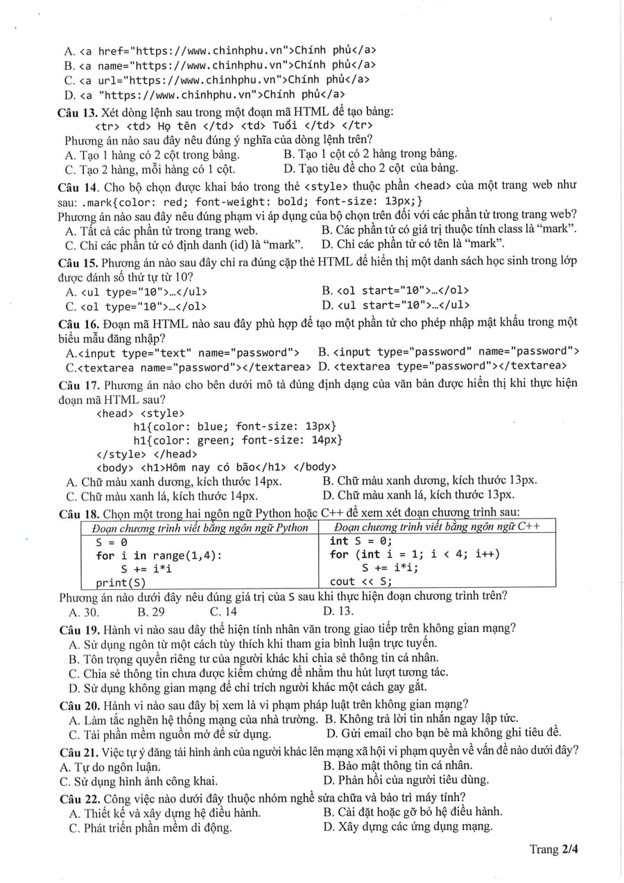 Đề minh hoạ môn tin học thpt quốc gia 2025 2