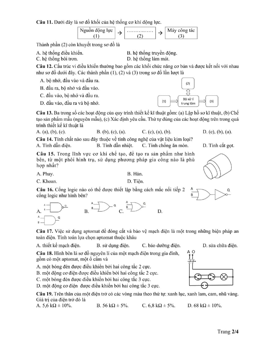 Đề minh hoạ môn công nghệ công nghiệp thpt quốc gia 2025 2