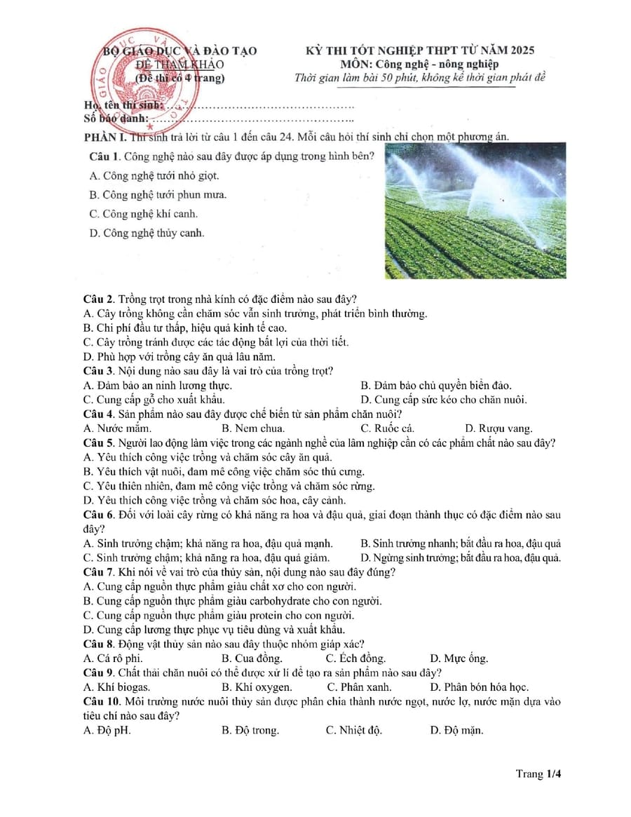 Đề minh hoạ môn công nghệ nông nghiệp thpt quốc gia 2025