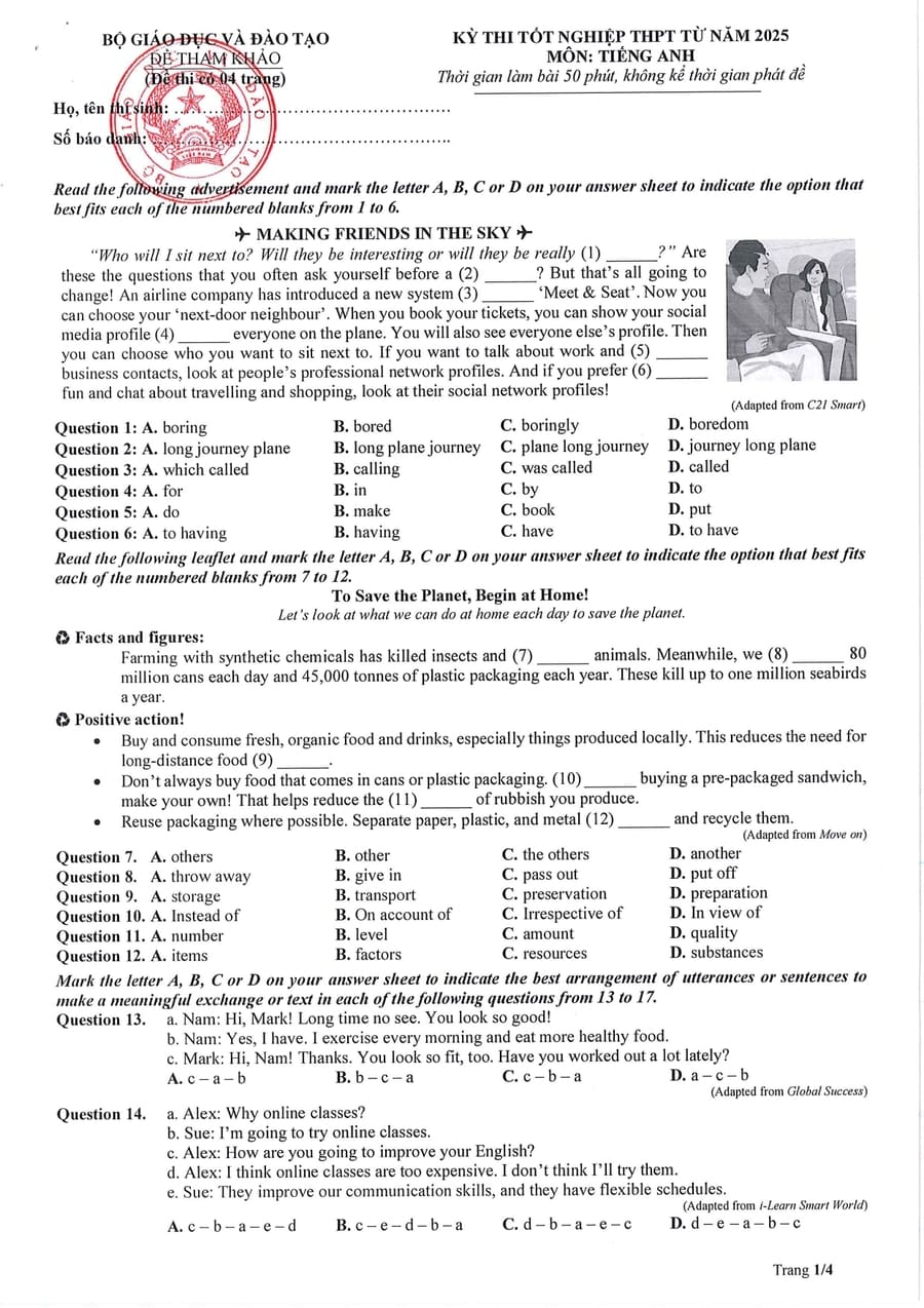 Đề minh hoạ môn tiếng anh thpt quốc gia 2025