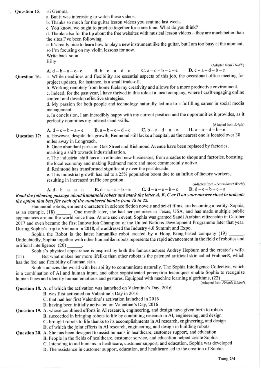 Đề minh hoạ môn tiếng anh thpt quốc gia 2025 2