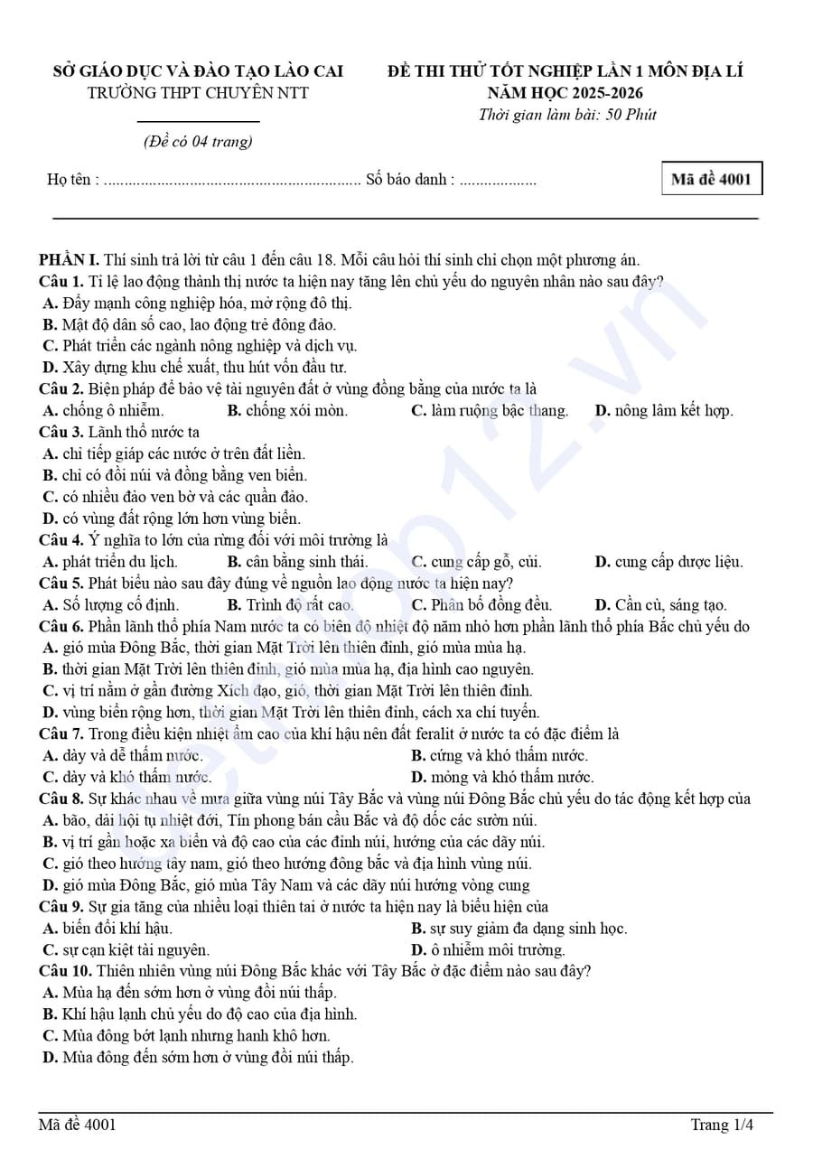 Đề thi thử tốt nghiệp môn địa thpt chuyên Nguyễn Tất Thành 2026 lần 1