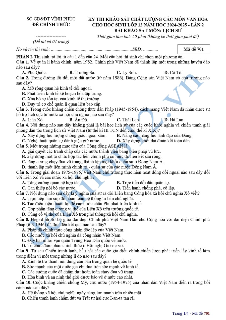 Đề thi khảo sát chất lượng môn sử Vĩnh Phúc 2025 lần 2