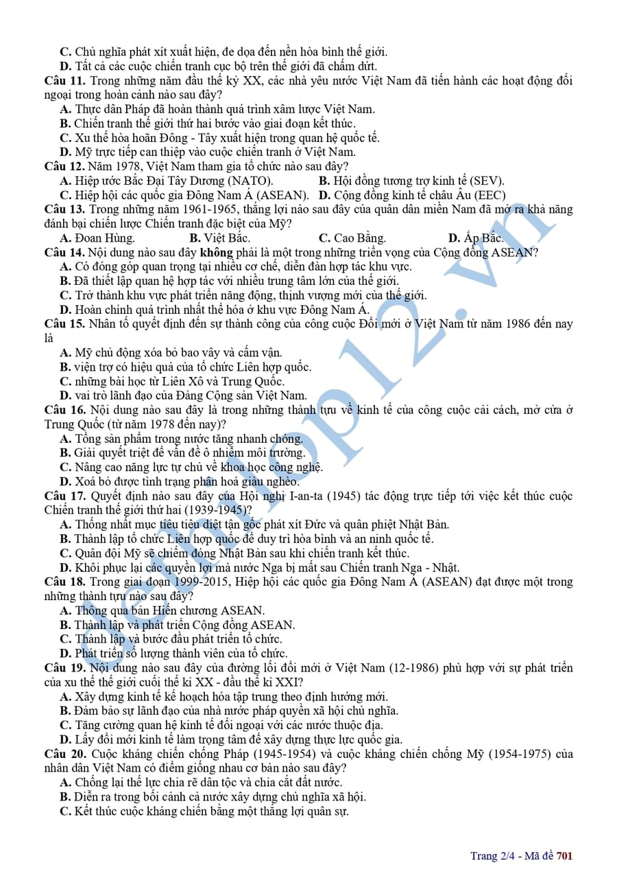 Đề thi khảo sát chất lượng môn sử Vĩnh Phúc 2025 lần 2 2