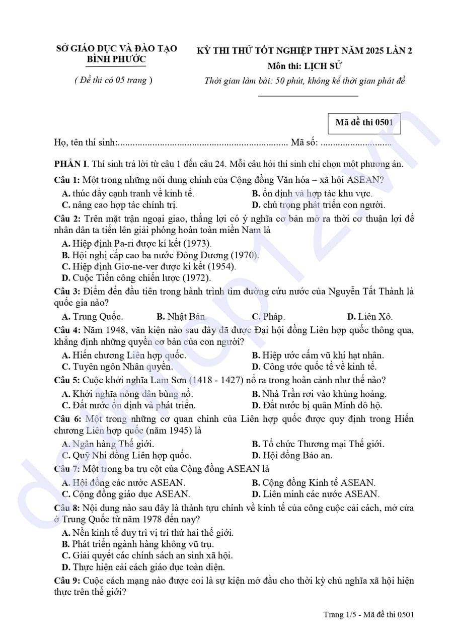 Đề thi thử tốt nghiệp môn lịch sử Bình Phước 2025 lần 2