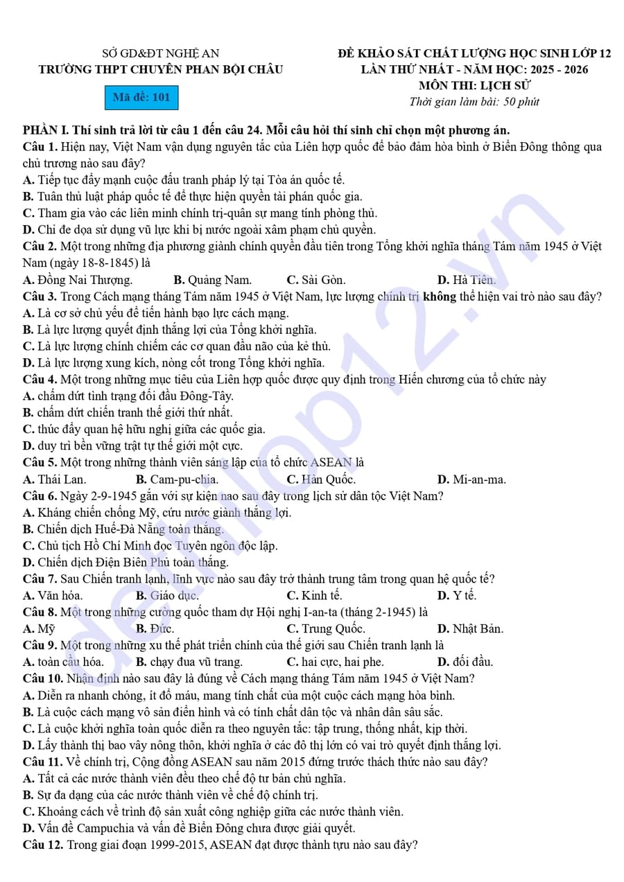 Đề thi khảo sát chất lượng môn sử chuyên Phan Bội Châu 2026 