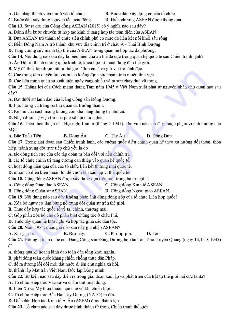 Đề thi khảo sát chất lượng môn sử chuyên Phan Bội Châu 2026 2