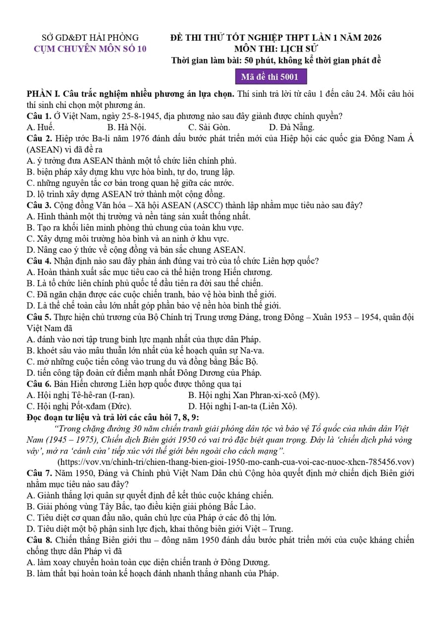 Đề thi tốt nghiệp môn sử cụm chuyên môn số 10