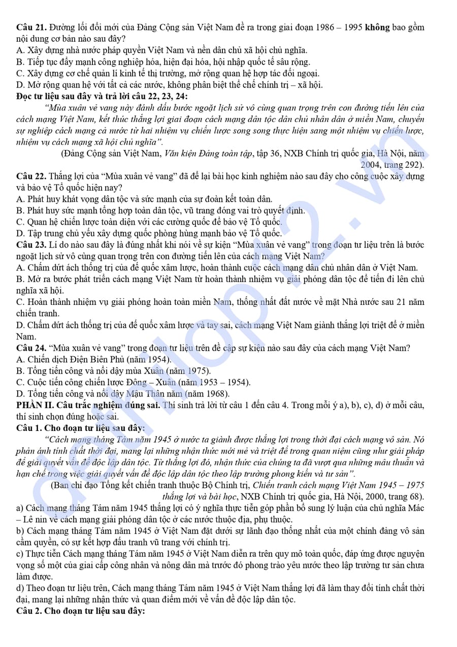 Đề thi thử tốt nghiệp môn sử cụm THPT Đà Nẵng 2026 3