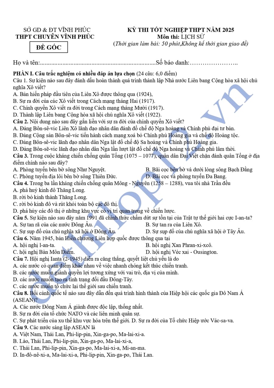 Đề thi thử lịch sử thpt quốc gia 2025 chuyên Vĩnh Phúc