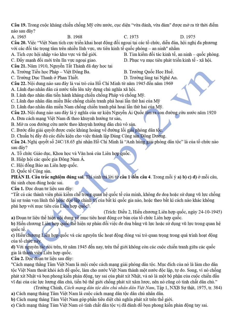 Đề thi thử lịch sử thpt quốc gia 2025 chuyên Vĩnh Phúc 3