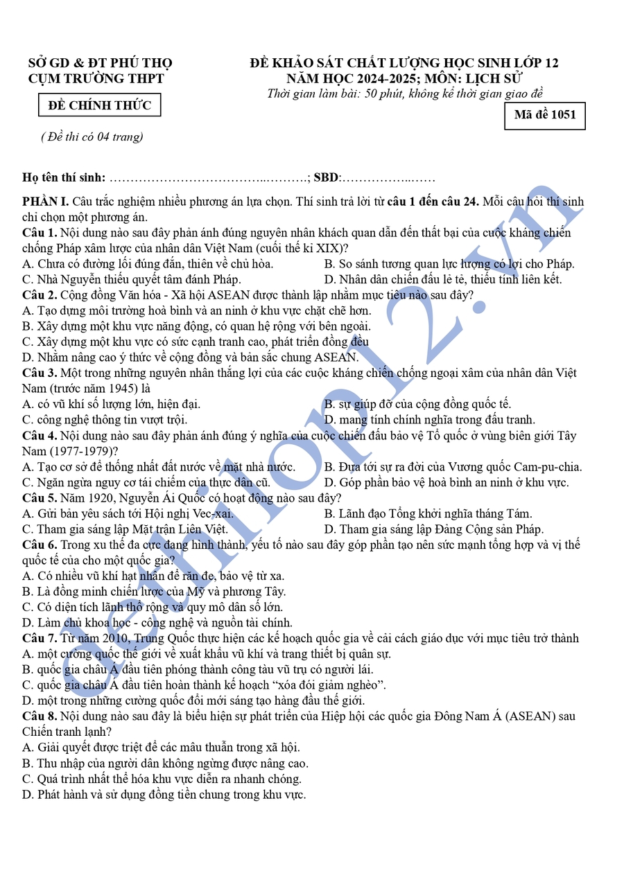 Đề thi thử lịch sử thpt quốc gia 2025 cụm thpt Phú Thọ