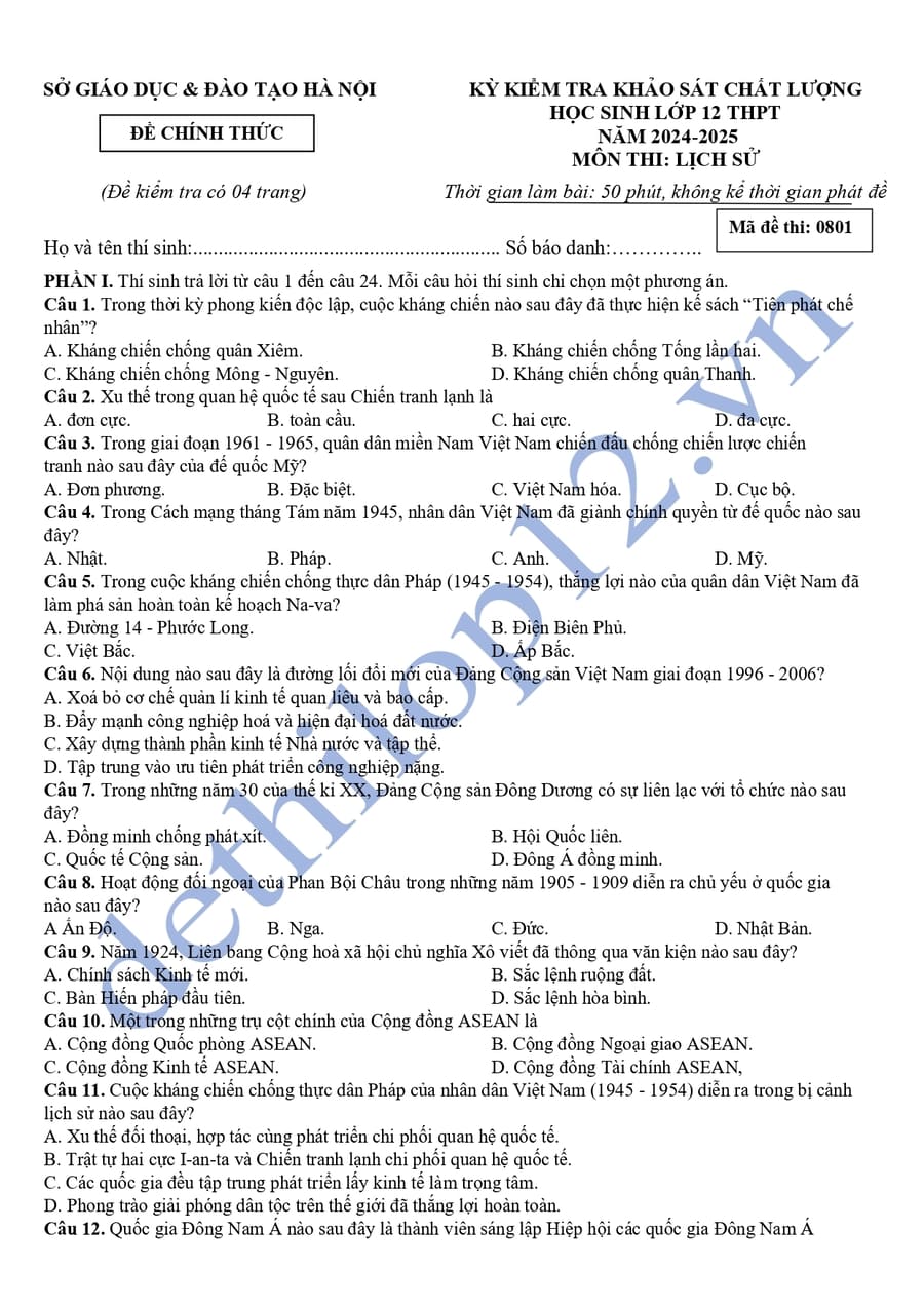 Đề thi thử lịch sử thpt quốc gia 2025 Hà Nội