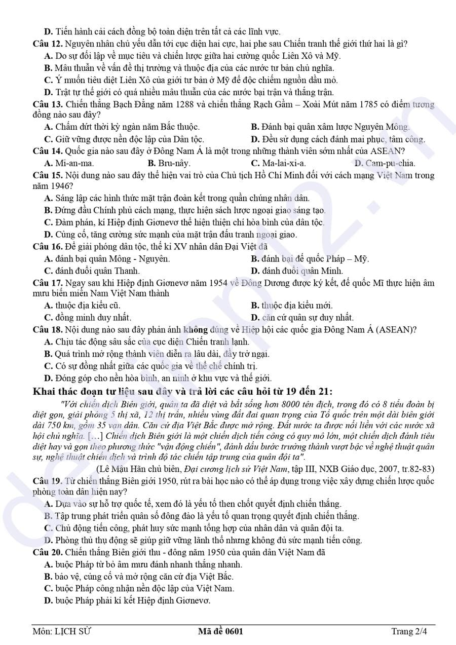 Đề thi thử tốt nghiệp môn sử Bình Dương 2025 2