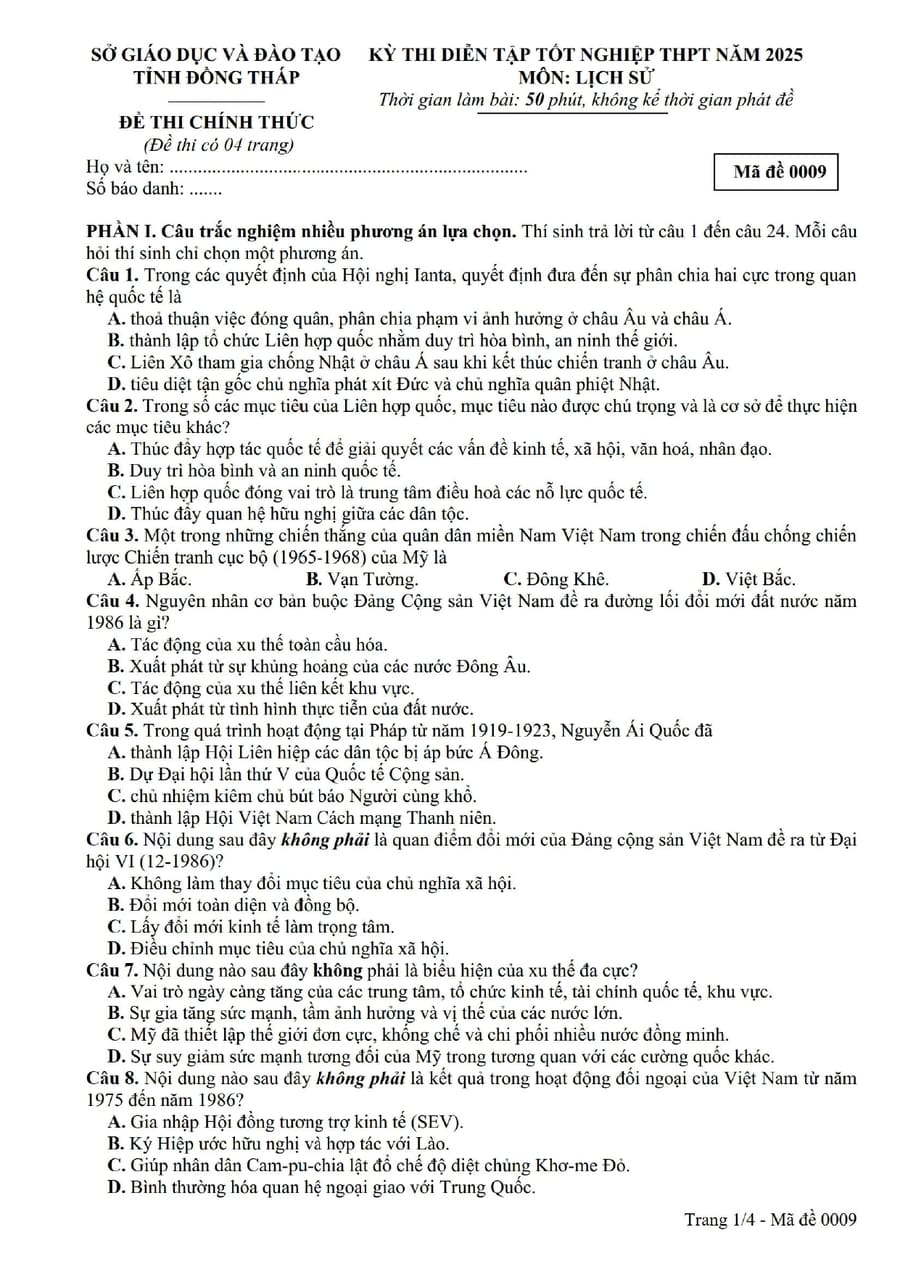 Đề thi thử tốt nghiệp môn sử tỉnh Đồng Tháp 2025