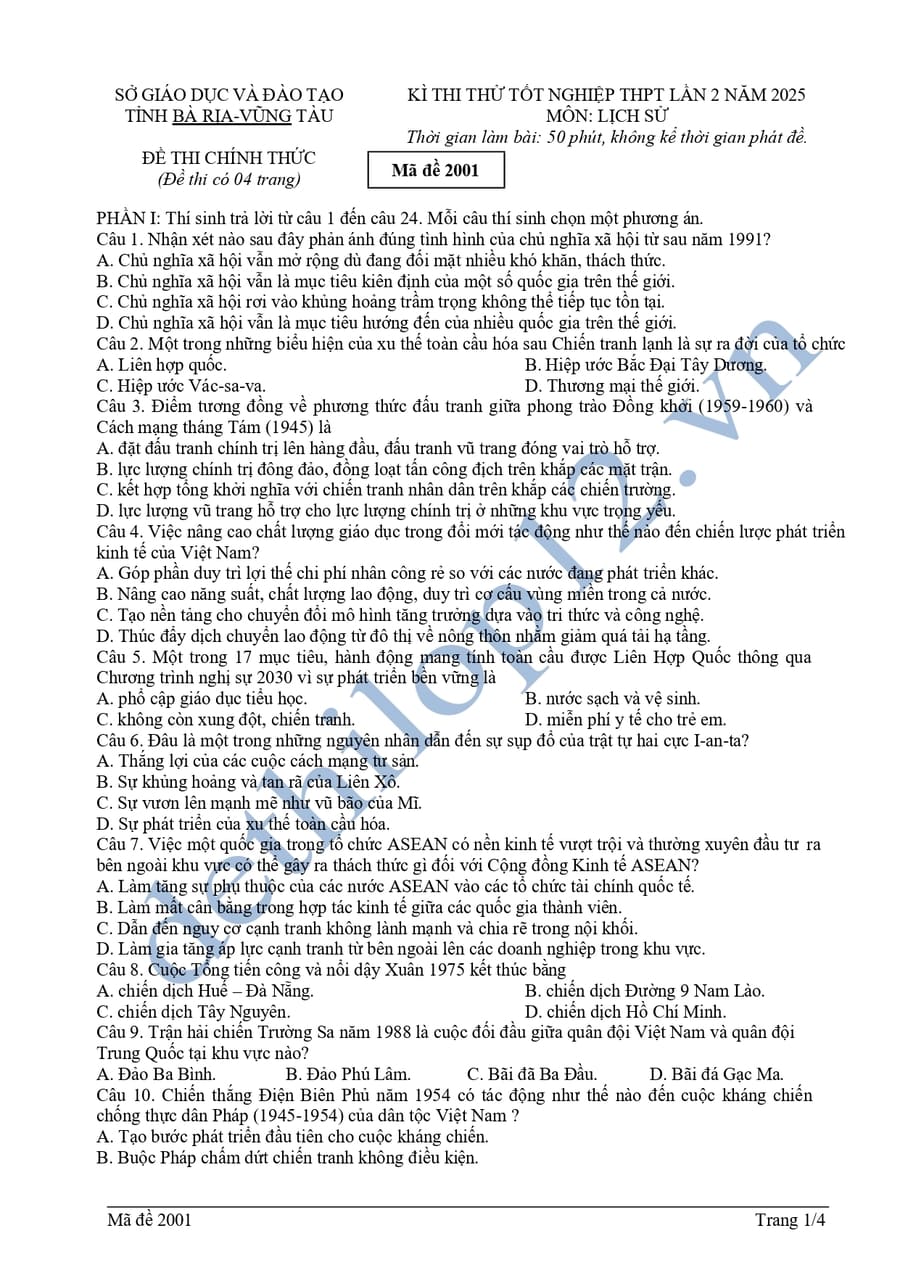 Đề thi thử tốt nghiệp môn sử 2025 Vũng Tàu lần 2 