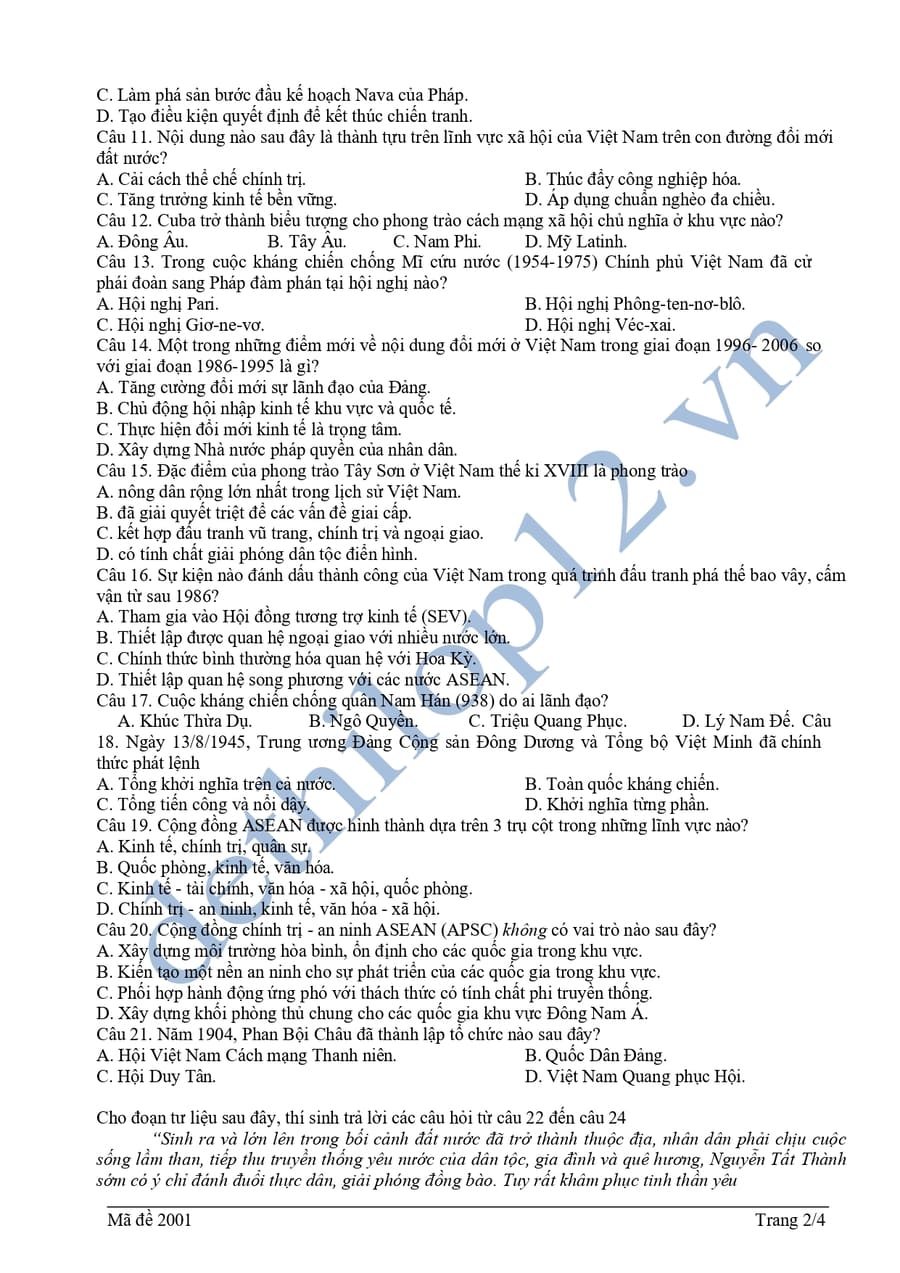 Đề thi thử tốt nghiệp môn sử 2025 Vũng Tàu lần 2  2