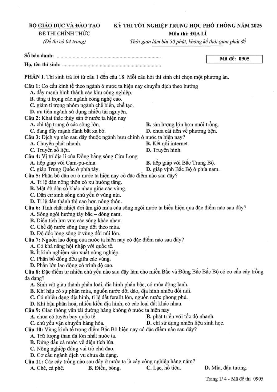 Đề thi địa lí thpt quốc gia 2025 Chính Thức