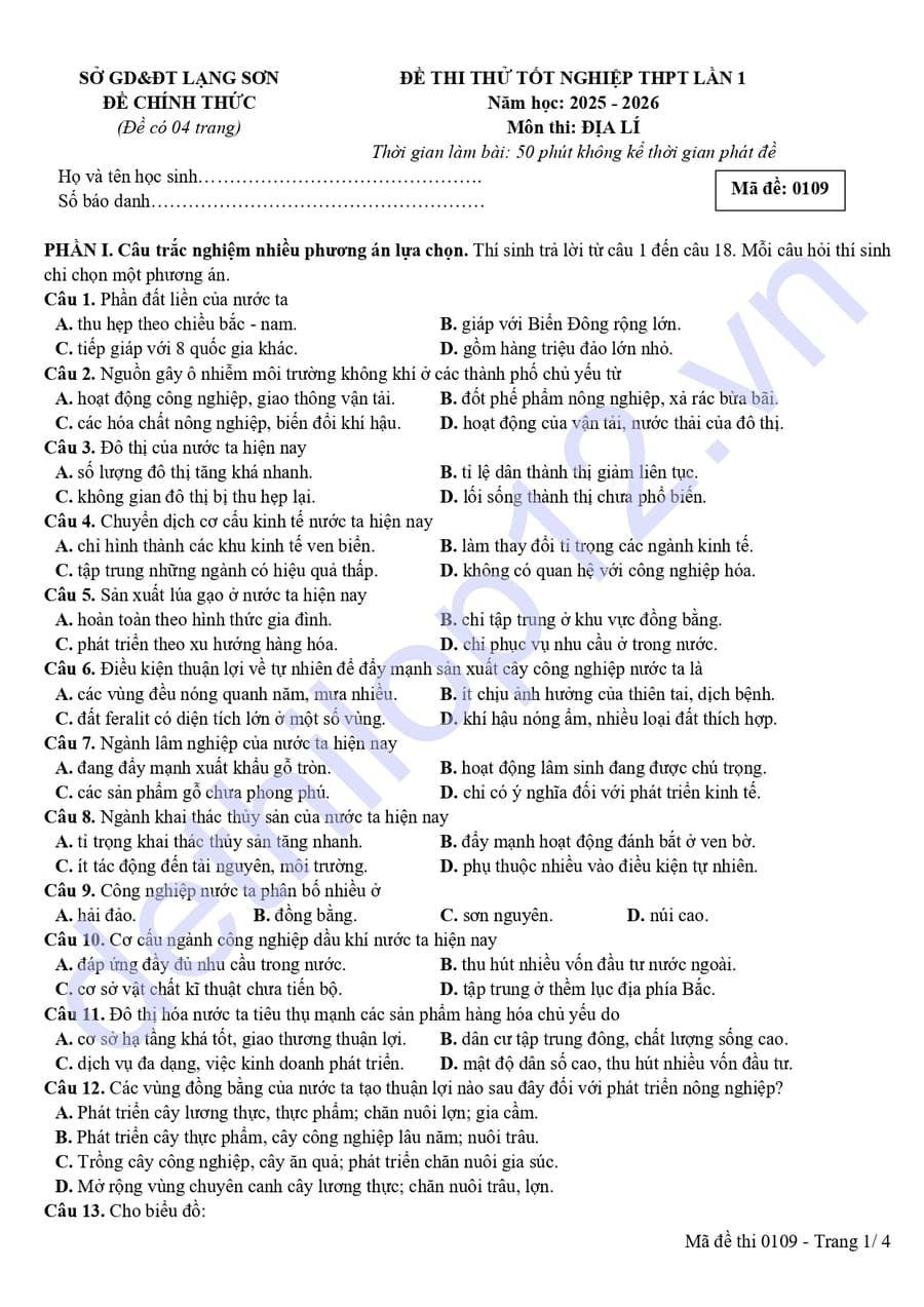 Đề thi thử tốt nghiệp môn địa lí Lạng Sơn 2026 lần 1