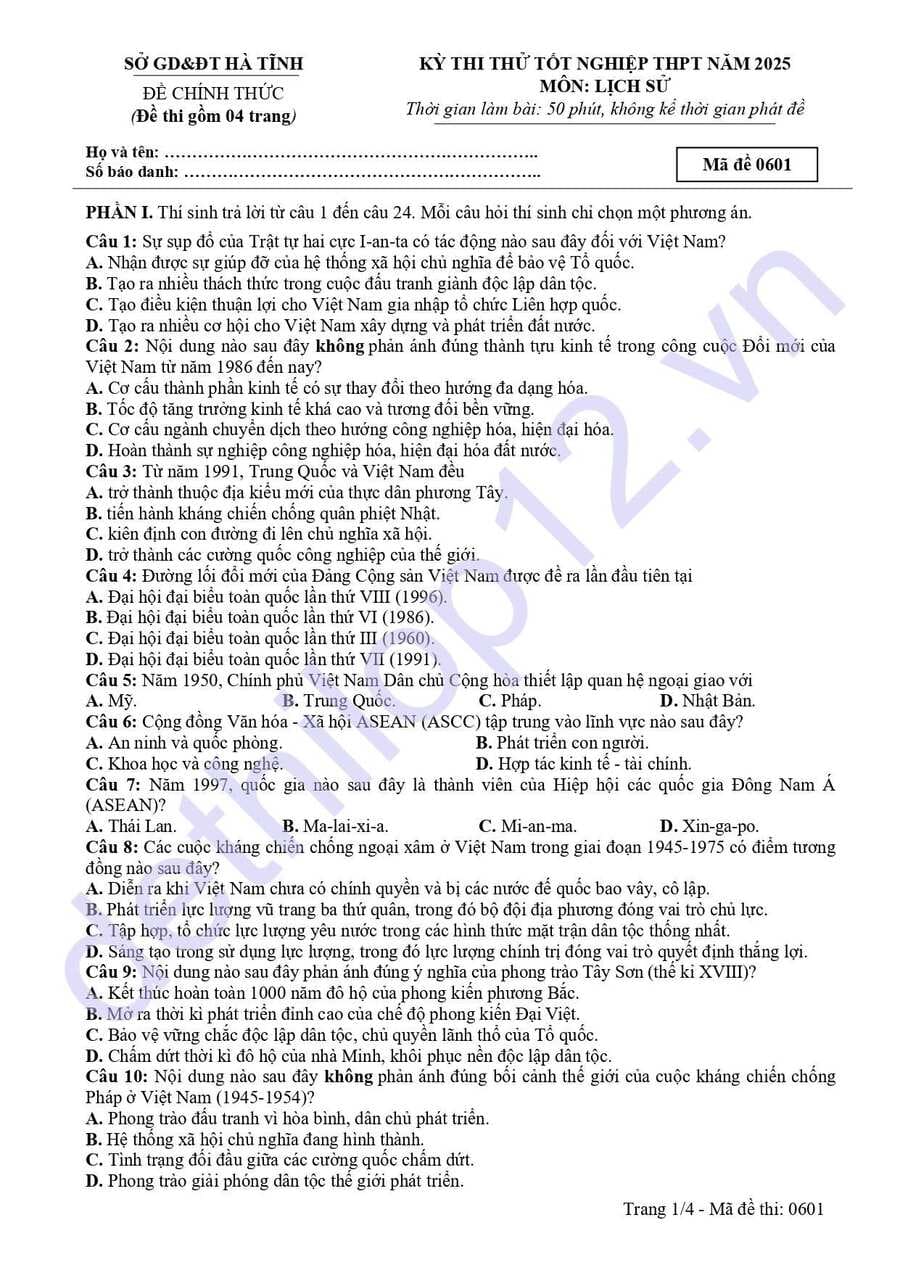 Đề thi thử tốt nghiệp môn sử Hà Tĩnh 2025 lần 2 