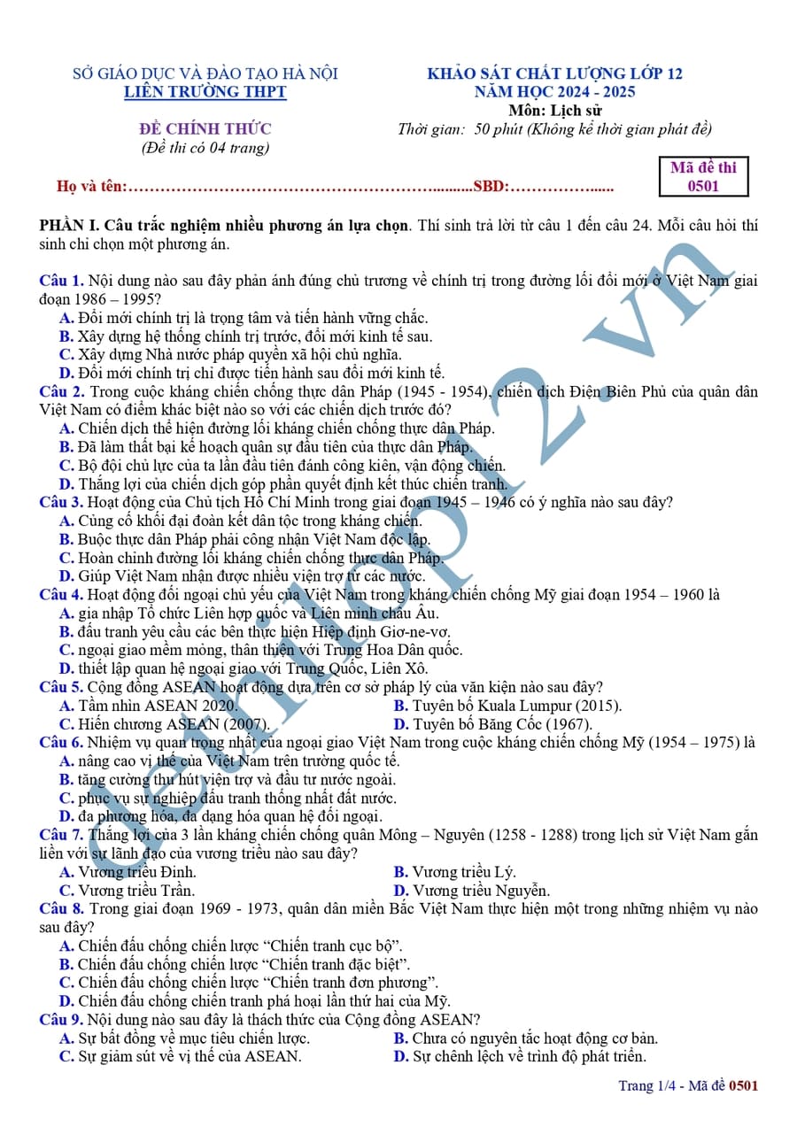 Đề thi thử tốt nghiệp môn sử liên trường THPT Hà Nội 2025