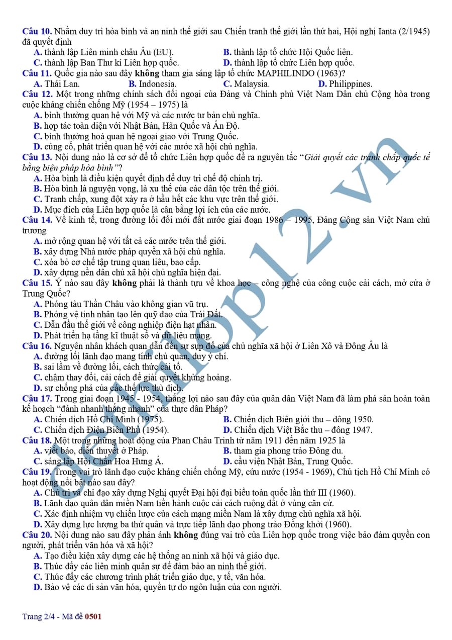 Đề thi thử tốt nghiệp môn sử liên trường THPT Hà Nội 2025 2