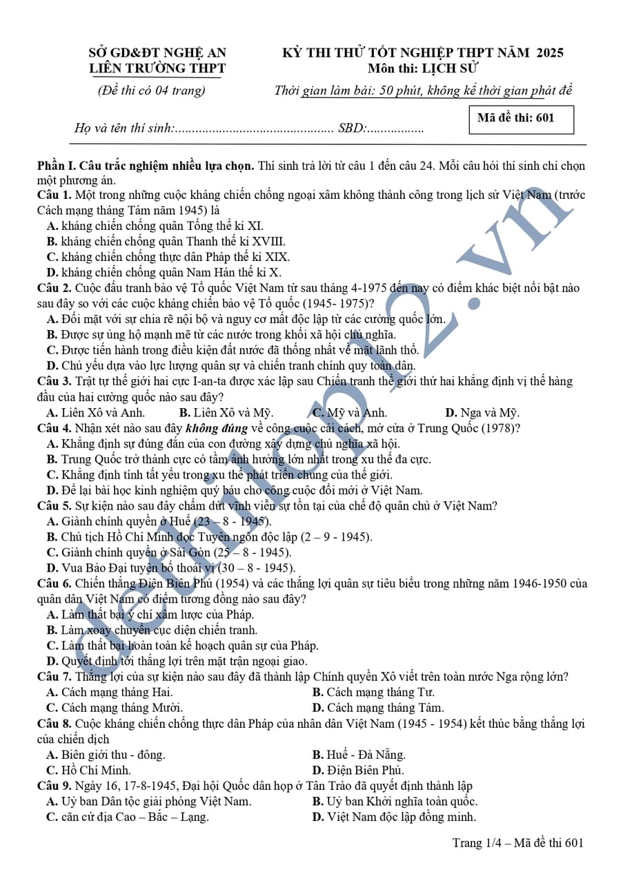 Đề thi thử thptqg 2025 môn sử liên trường Nghệ An lần 1