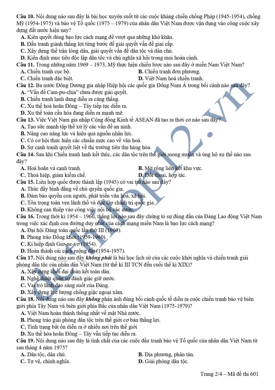 Đề thi thử thptqg 2025 môn sử liên trường Nghệ An lần 1 2