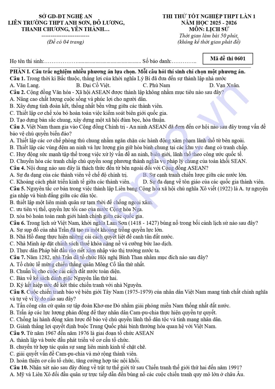 Đề thi thử tốt nghiệp lần 1 môn sử liên trường Nghệ An 2026