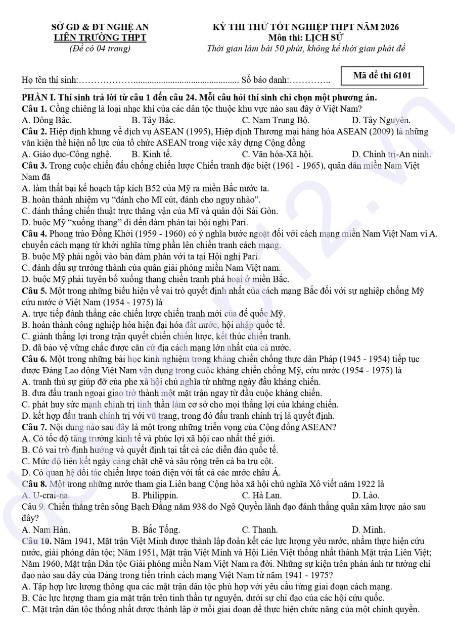 Đề thi thử tốt nghiệp môn sử liên trường Nghệ An 2026 mã 6101