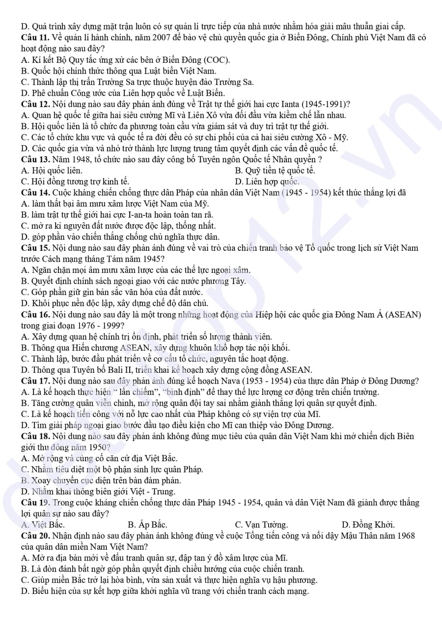 Đề thi thử tốt nghiệp môn sử liên trường Nghệ An 2026 mã 6101 2