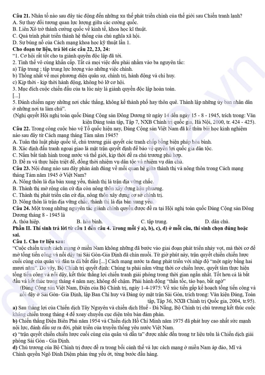 Đề thi thử tốt nghiệp môn sử liên trường Nghệ An 2026 mã 6101 3