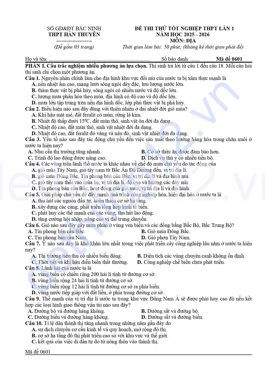 Đề thi thử tốt nghiệp môn địa lí thpt Hàn Thuyên 2026