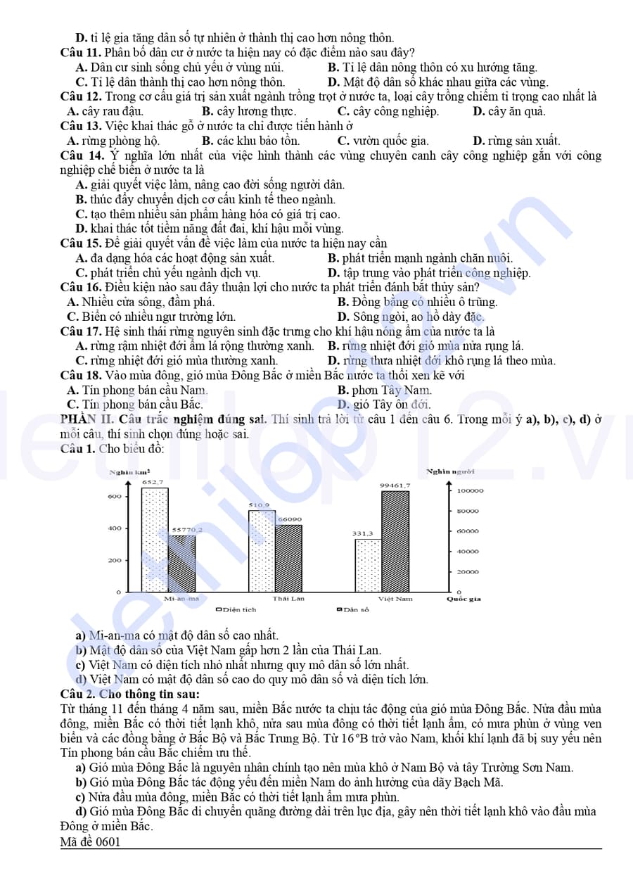 Đề thi thử tốt nghiệp môn địa lí thpt Hàn Thuyên 2026 2