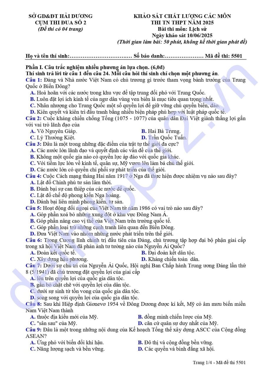 Đề thi thử lịch sử THPT cụm thi đua số 2 Hải Dương 2025
