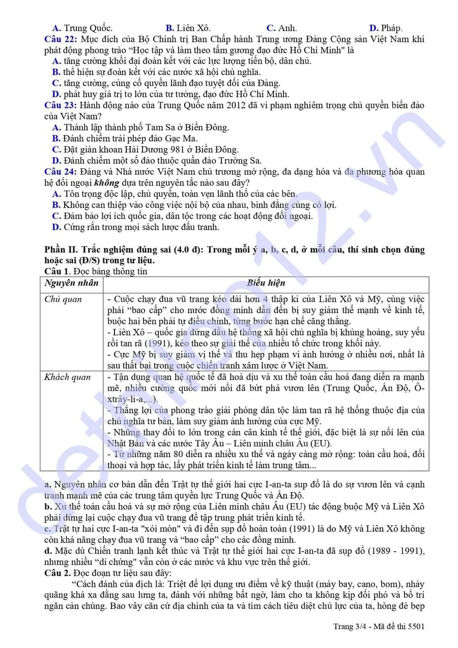 Đề thi thử lịch sử THPT cụm thi đua số 2 Hải Dương 2025 3