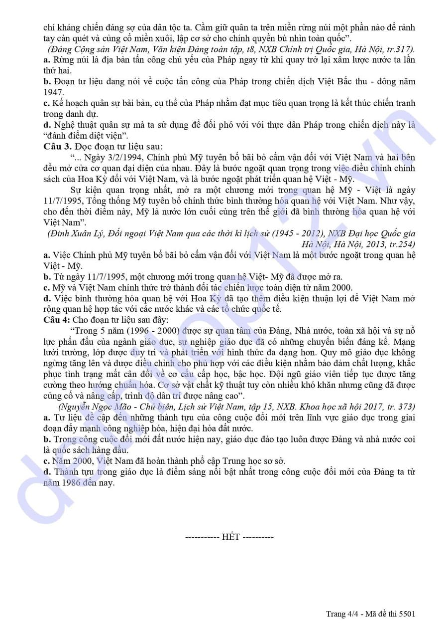 Đề thi thử lịch sử THPT cụm thi đua số 2 Hải Dương 2025 4