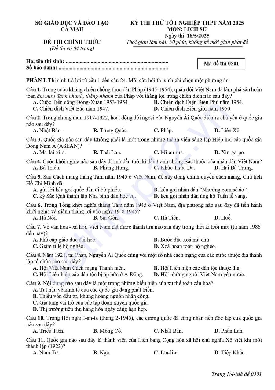 Đề thi thử tốt nghiệp môn sử tỉnh Cà Mau 2025