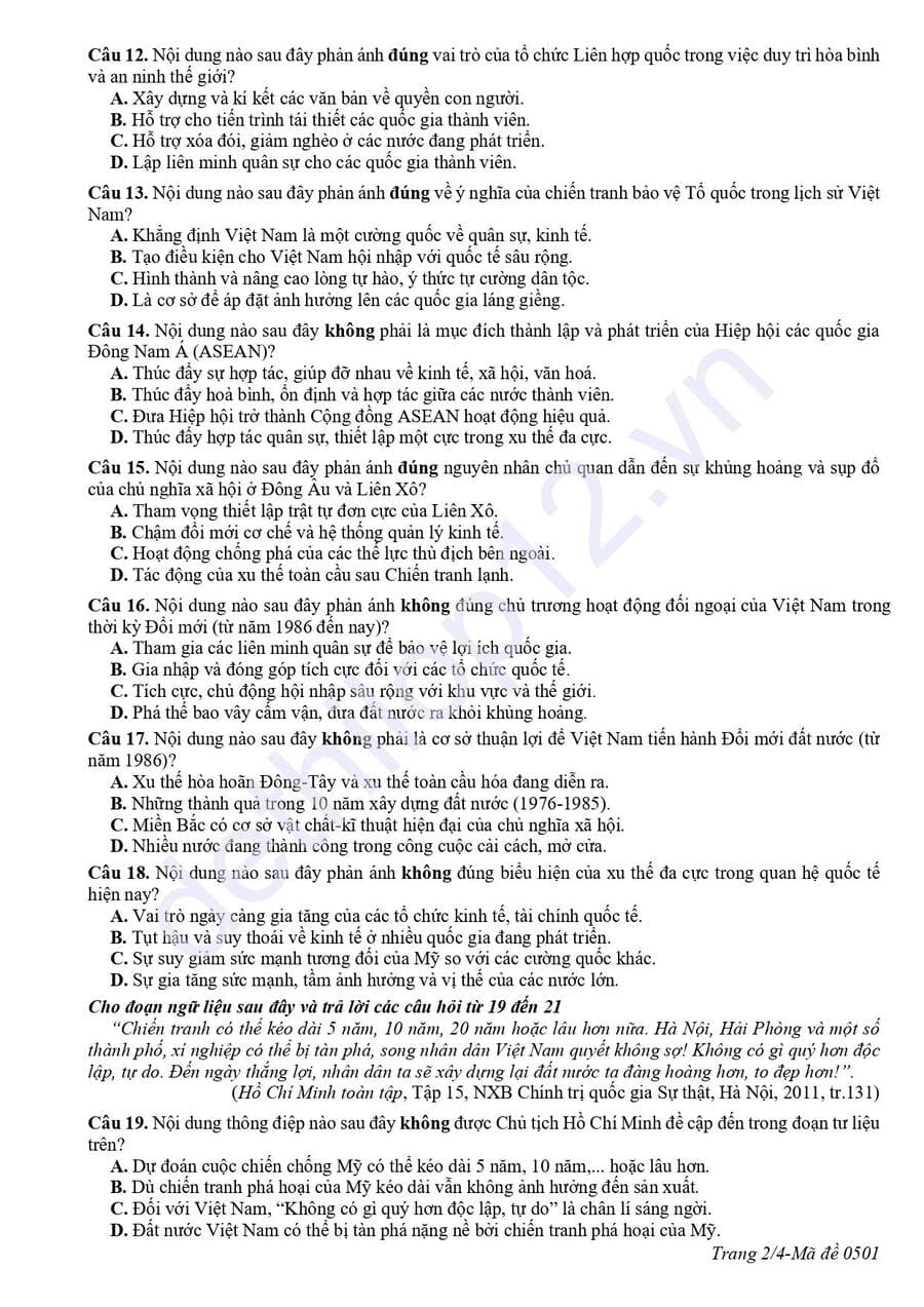 Đề thi thử tốt nghiệp môn sử tỉnh Cà Mau 2025 2