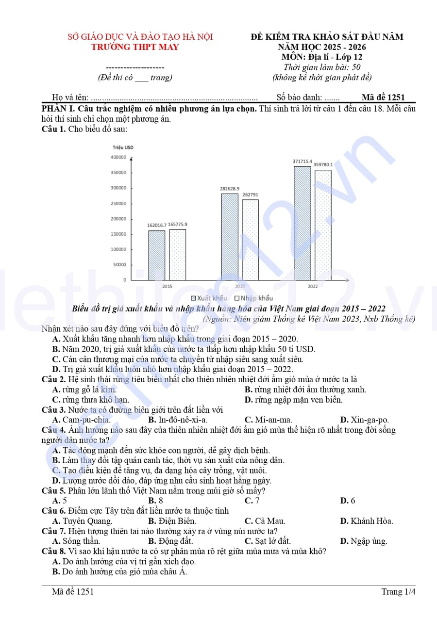 Đề khảo sát đầu năm môn địa thpt May 2026