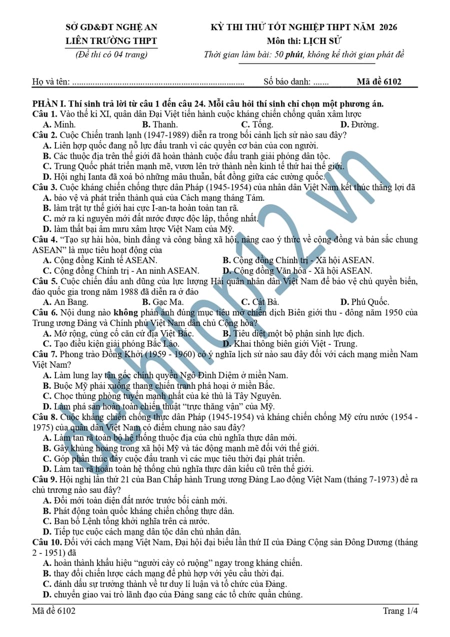 Đề thi thử tốt nghiệp môn sử liên trường Nghệ An 2026 mã 6102