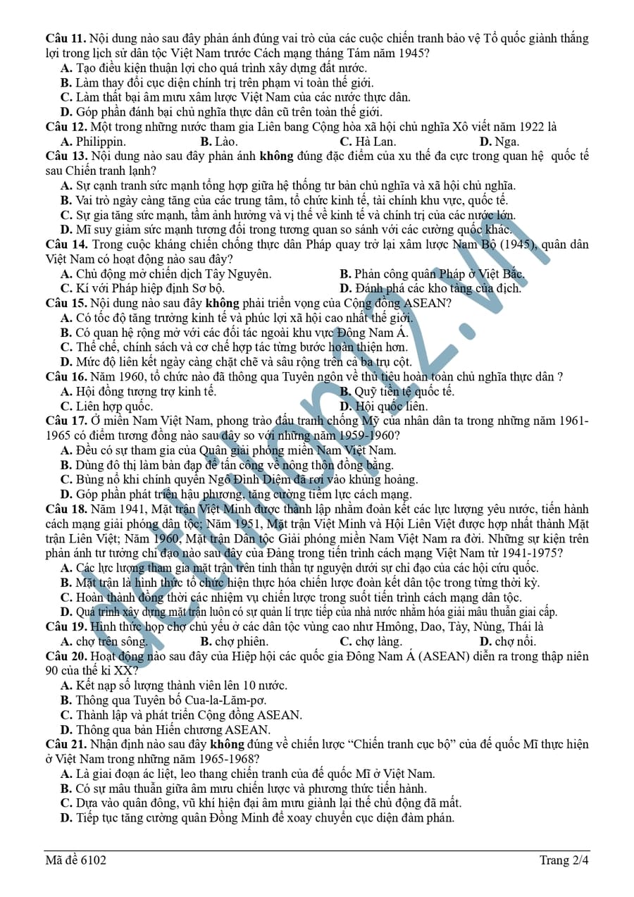 Đề thi thử tốt nghiệp môn sử liên trường Nghệ An 2026 mã 6102 2