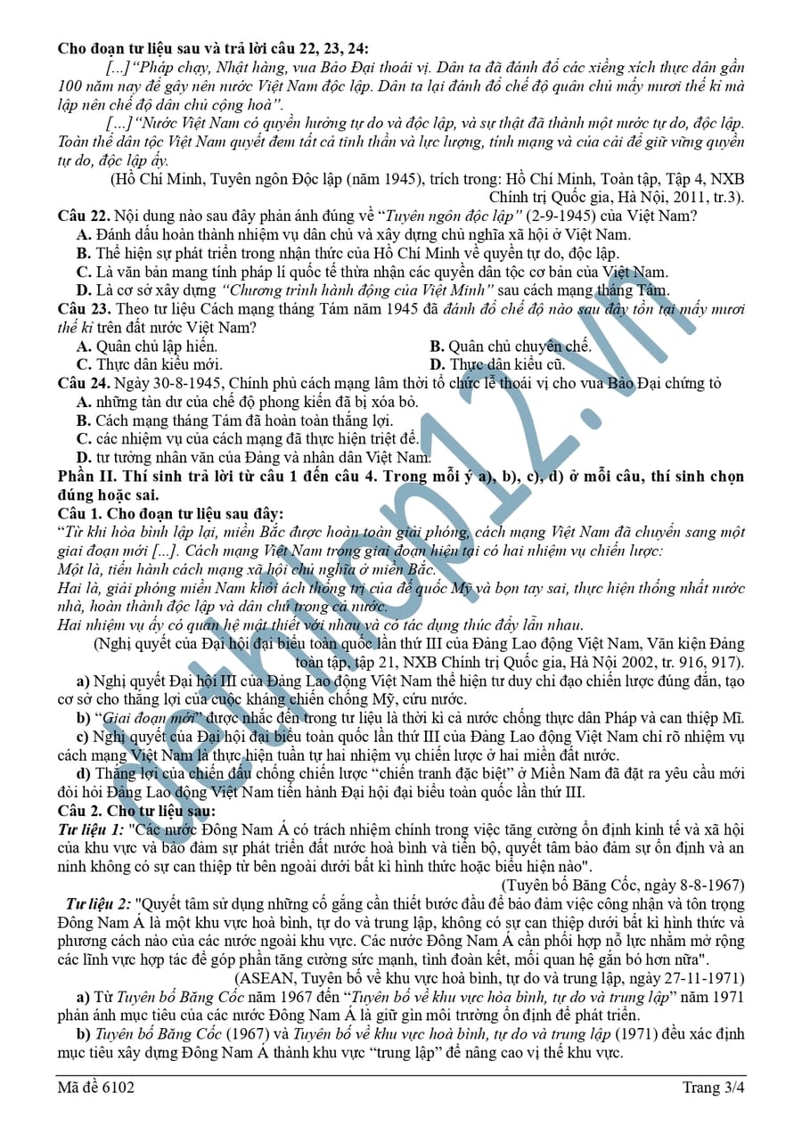 Đề thi thử tốt nghiệp môn sử liên trường Nghệ An 2026 mã 6102 4